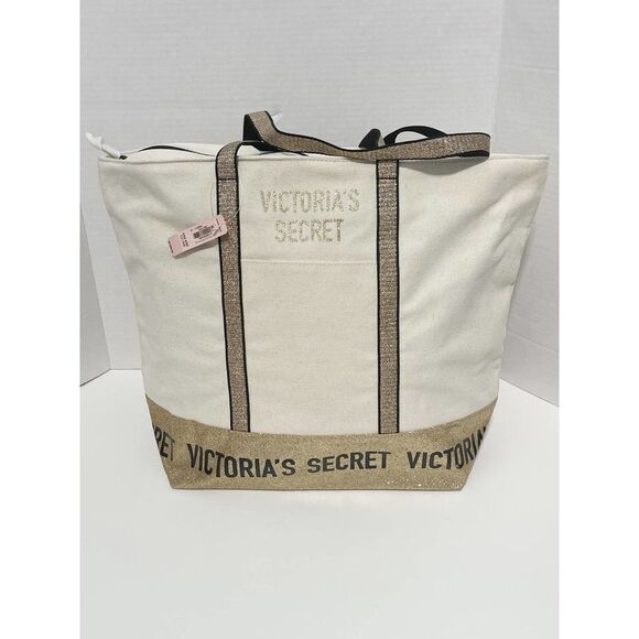 Victoria’s Secret Canvas Tote Structured Shoulder Bag Gold Glitter Cream Color - Picture 2 of 12